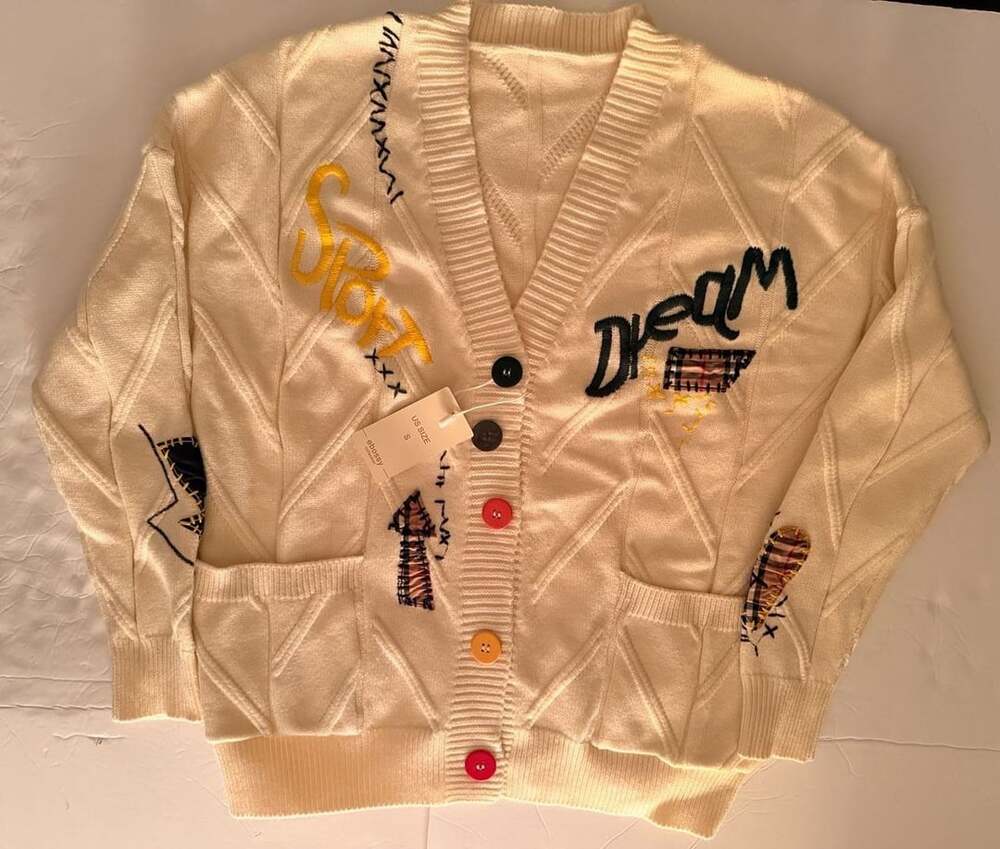 Ebossy Cable Knit Embroidered Cardigan Womens Ivory Size S